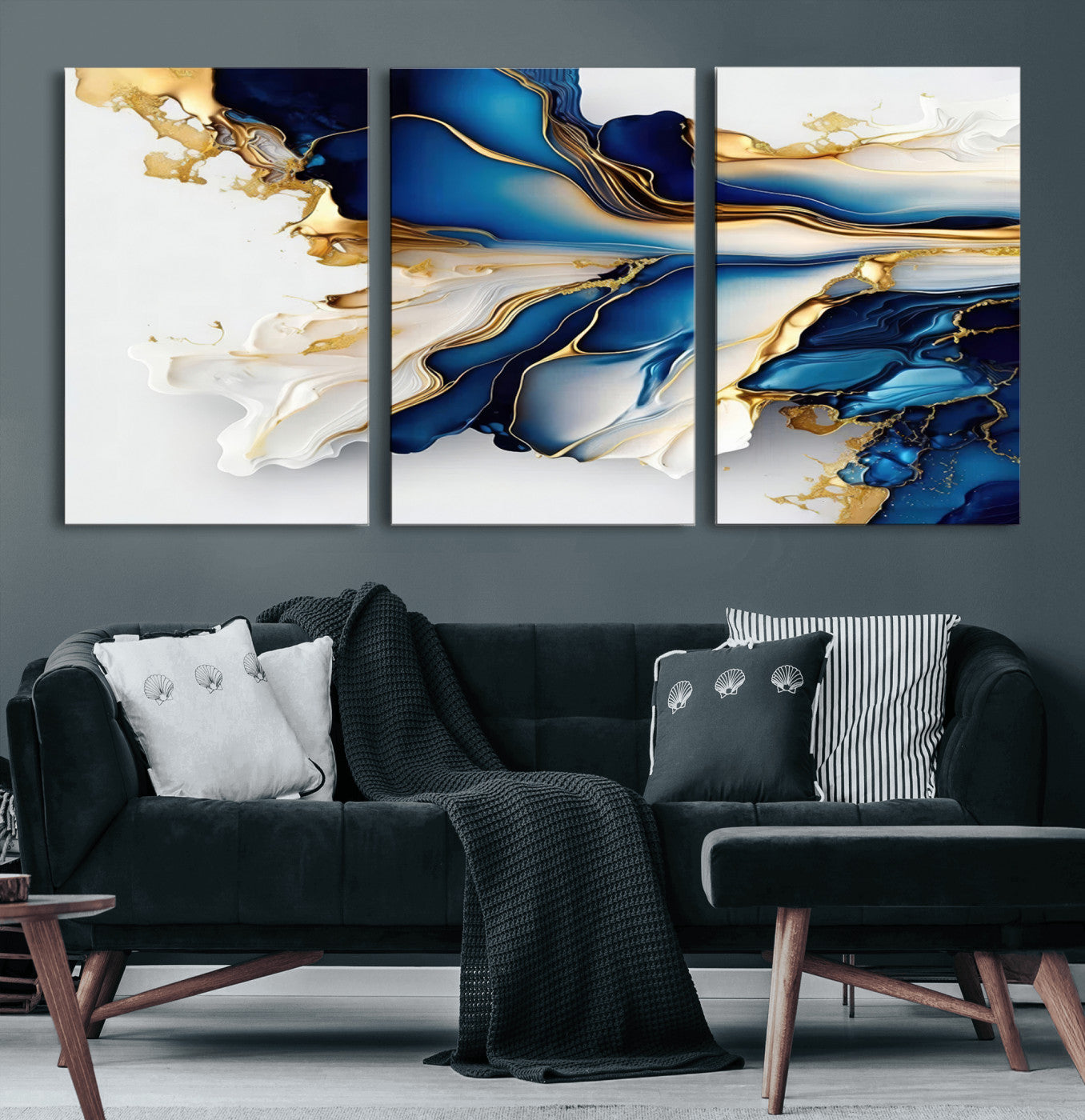 MGV-CV-60X30-3P - Gold Marble Art - Abstract Geode Gold And Blue Marble Shape 3 Pieces Wall Art Canvas Print