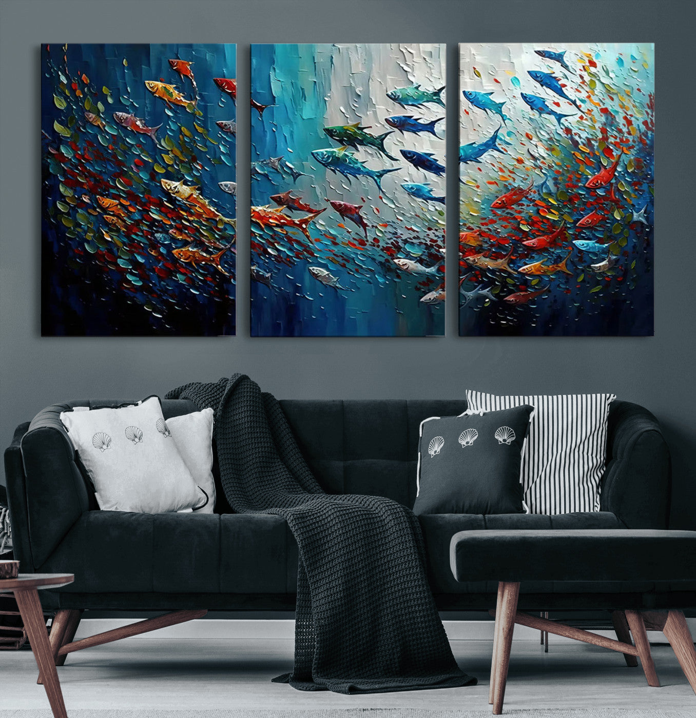 89626-MGV-CV-60X30-3P-Modern Abstract Fish Shoal Wall Art Canvas Print, Colorful Fish Herd Painting on Canvas Print, Ocean