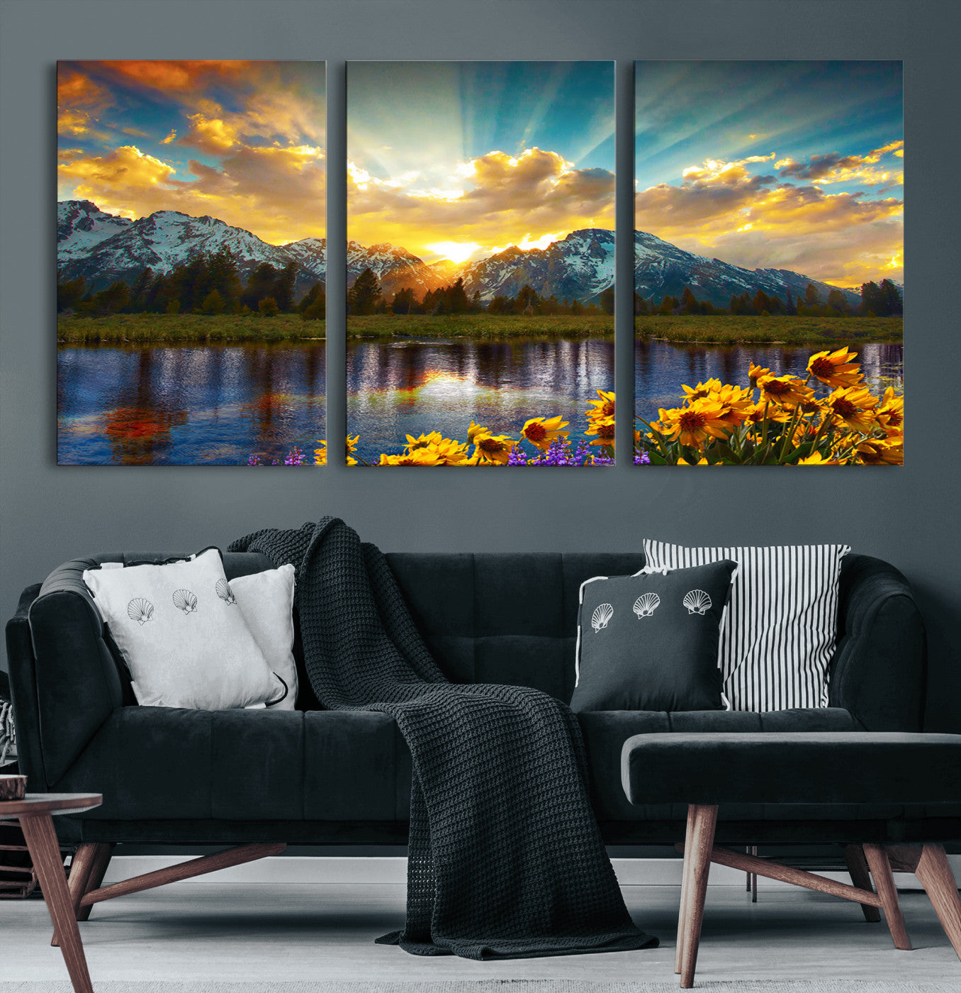 MGV-CV-60X30-3P - Grand Teton Park Amazing Mountain Landscape Sunset Wall Art Canvas Print