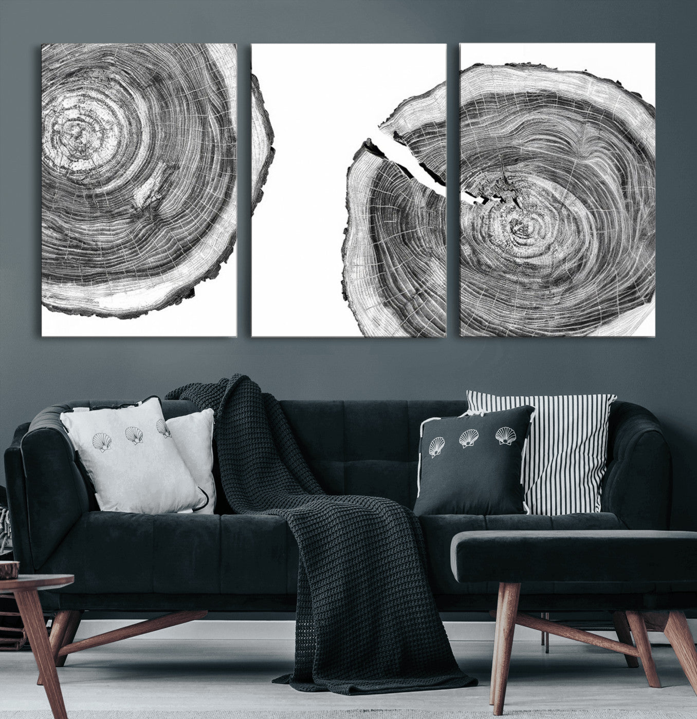 MGV-CV-60X30-3P - Modern Black and White Tree Rings Canvas Wall Art – Nature Inspired Wood Slice Print – Minimalist