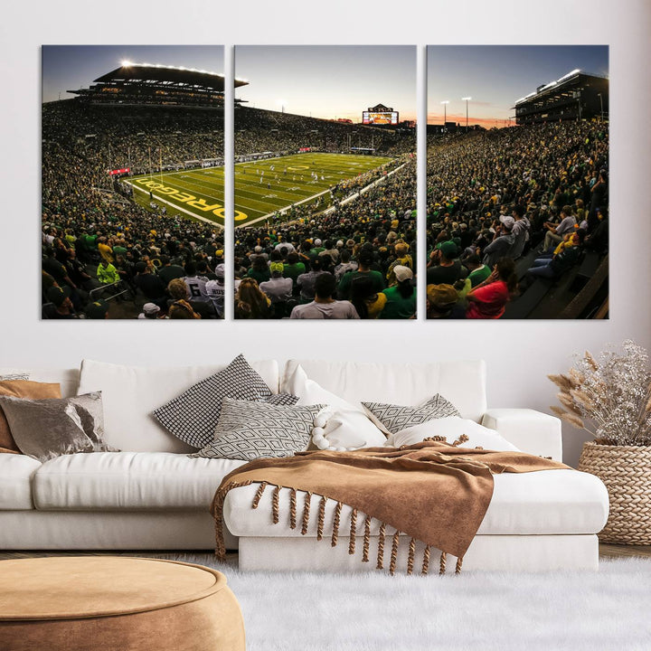 Autzen Stadium Evening Game Triple Canvas Wall Art - Oregon Ducks Football Match