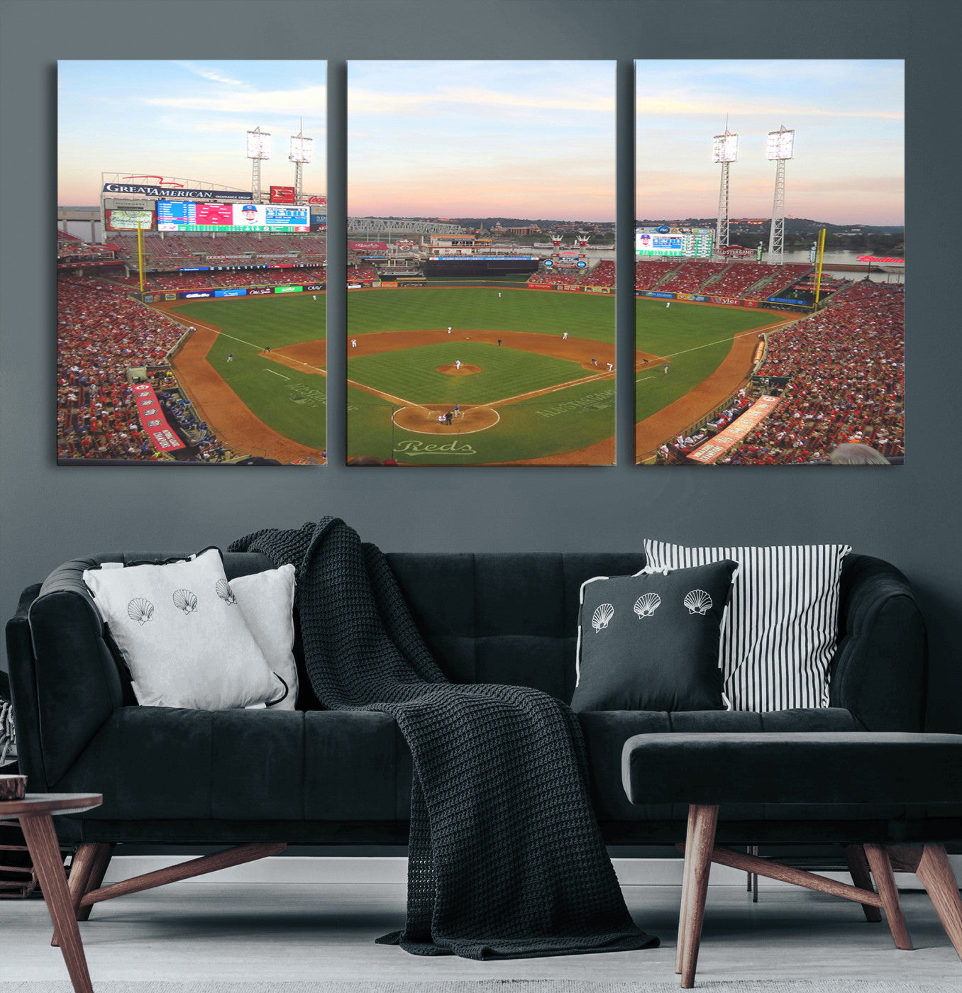 20257-MGV-CV-36X24-Cincinnati Reds Baseball Print Canvas- Cincinnati Great American Ball Park Stadium Wall Art Canvas