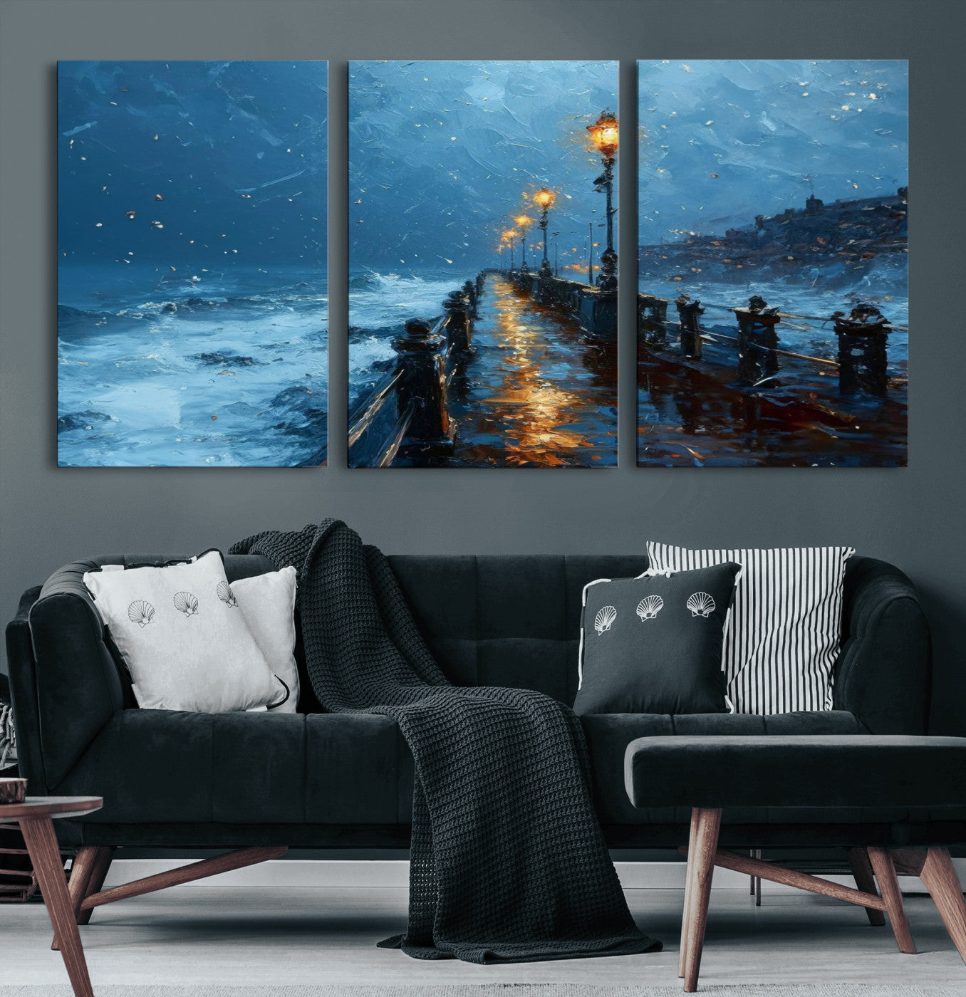 47244-MGV-CV-60X30-3P-Stormy Night at Beach Pier Oil Painting Large Wall Art Print, Framed Canvas Nature Wall Decor,