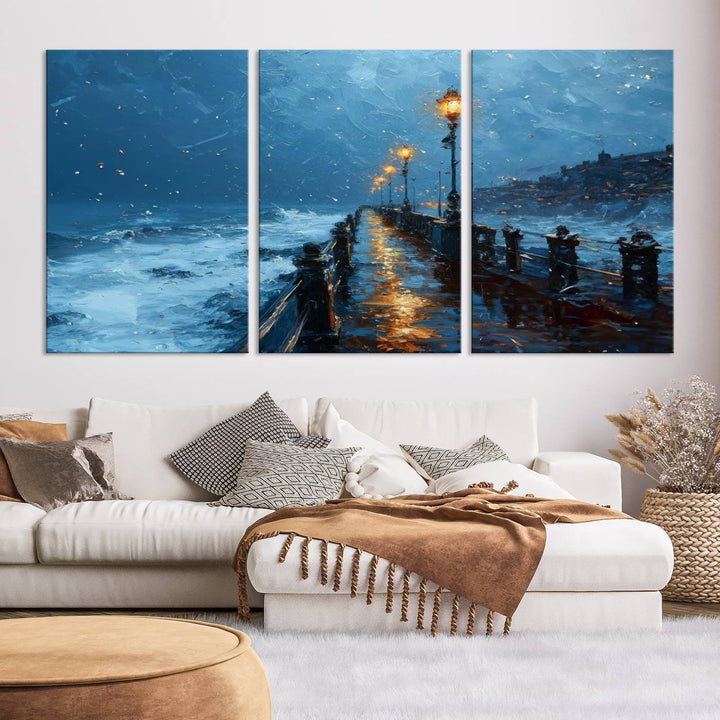 Framed 3-Panel Seaside Night Pier Oil Painting Canvas Wall Art | Ready to Hang Coastal Landscape Art for Modern Living Room, Office, or Bedroom Decor