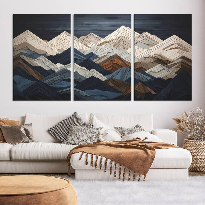 Wood Mountain Range Wall Art - Ready to Hang 3-Piece Set for Modern Rustic Decor, Abstract Wooden Design for Living Rooms Offices