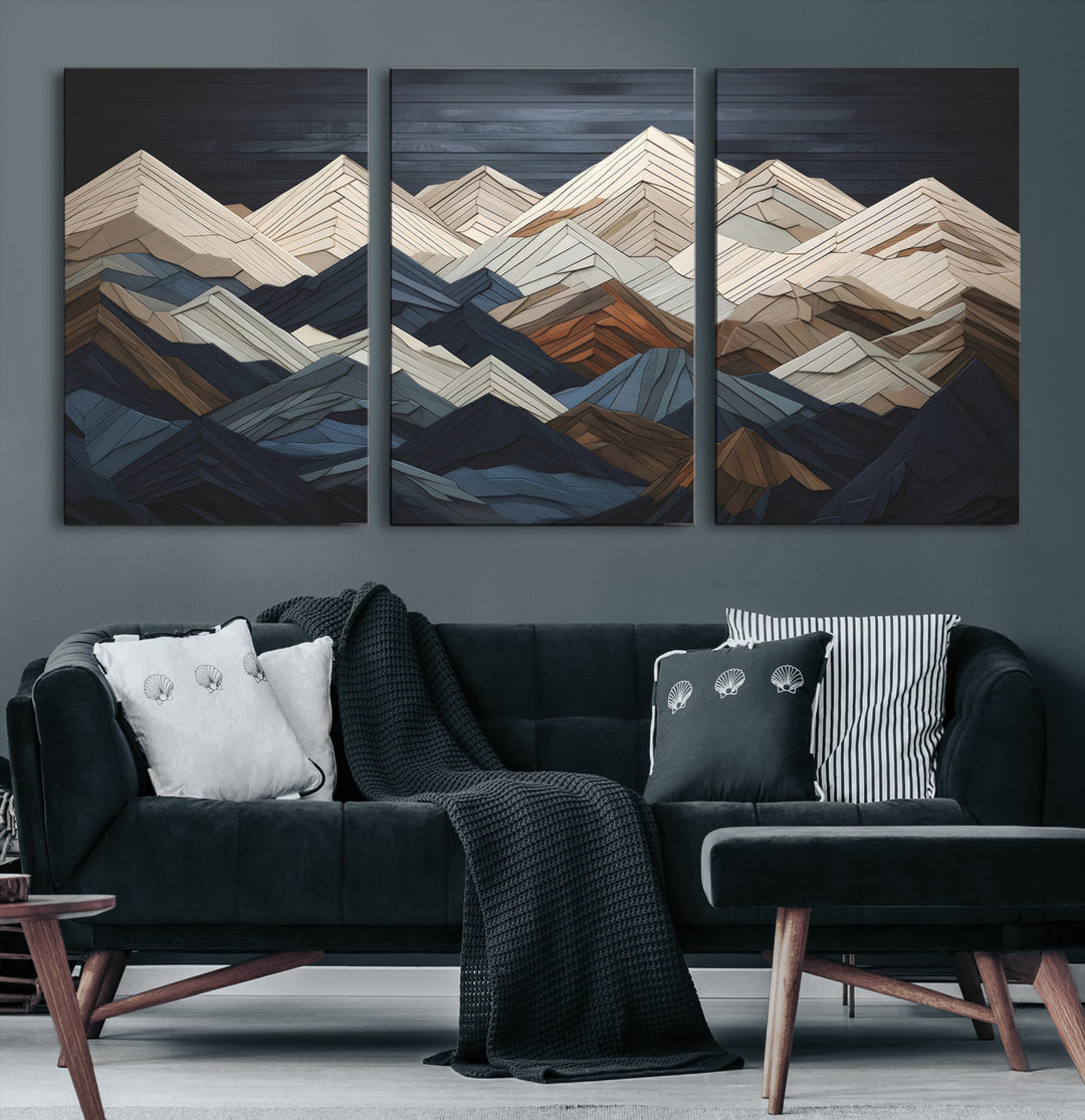 Rustic Mountain Landscape Wall Art Print - Wooden 3D Effect Mountain Canvas Print - Textured Peaks Wall Art for Cabin or Lodge Decor