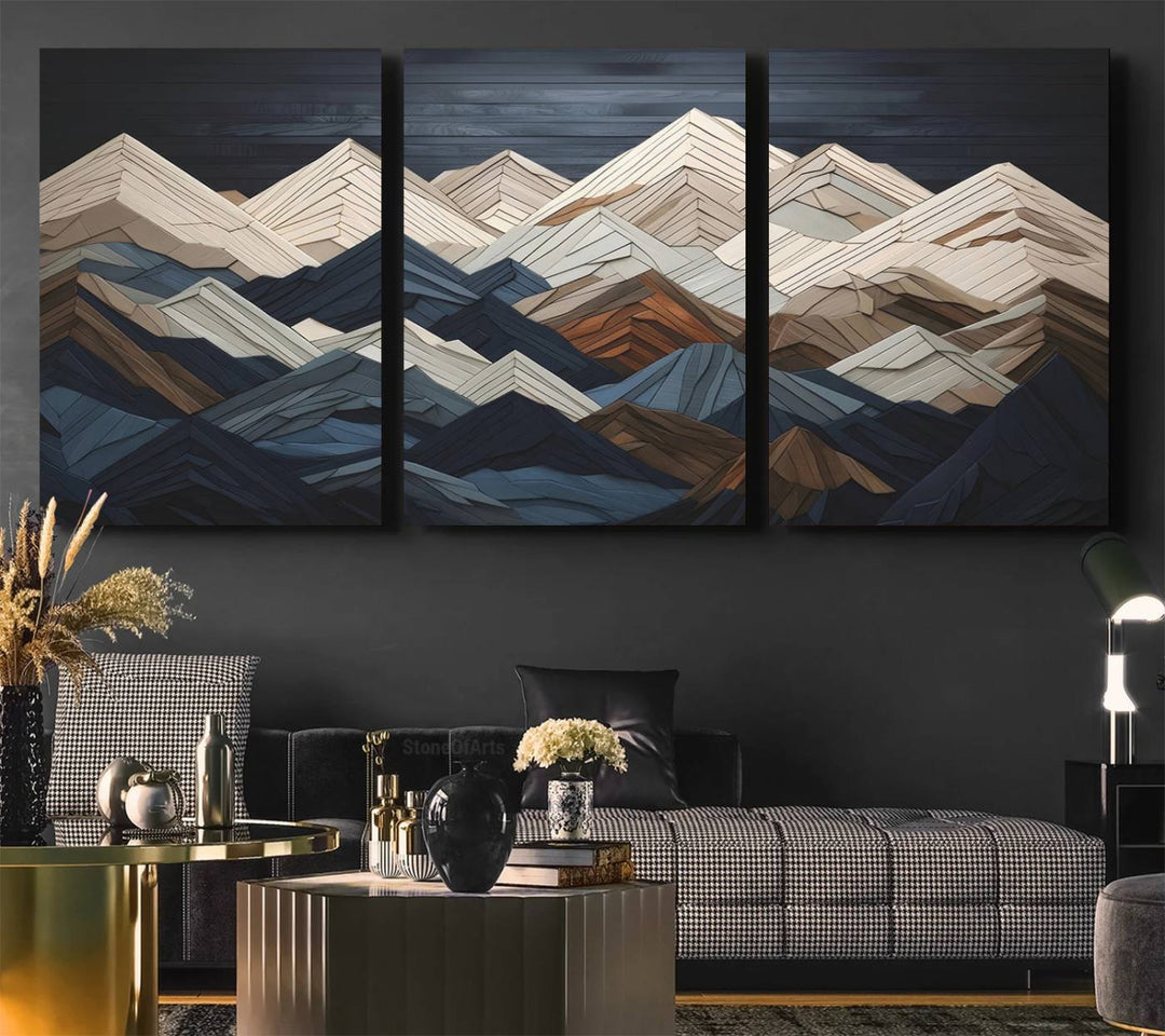 A geometric mountain range wood style wall art in shades of blue, gray, and brown; a 3-piece abstract set perfect for modern rustic decor.