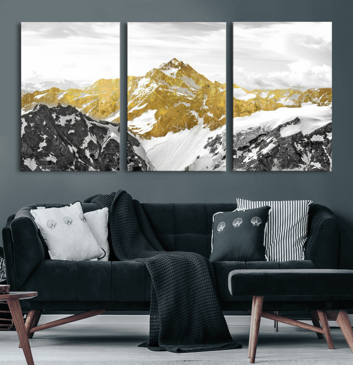 MGV-CV-60X30-3P - Gold Abstract Mountains Wall Art Print on Canvas, Nature Wall Art Print,