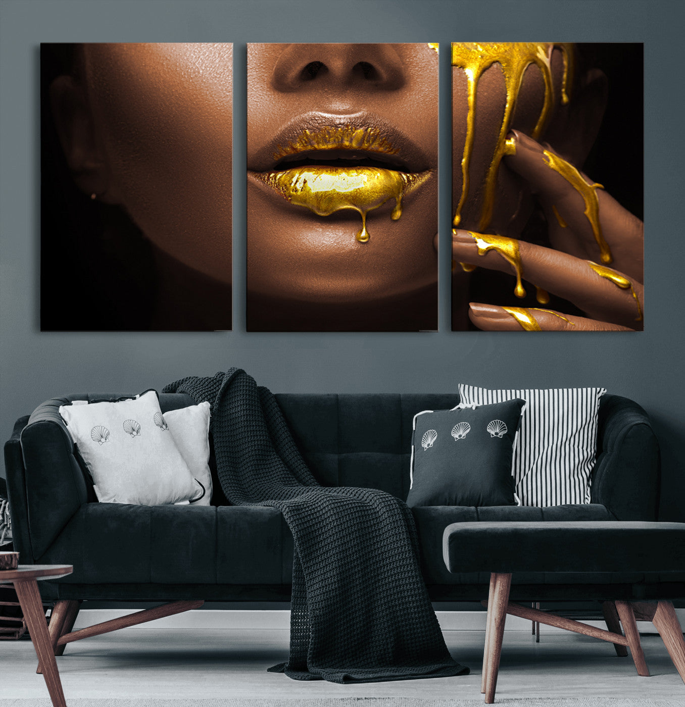 MGV-CV-60X30-3P - African American Art Black Woman Canvas Print, African Wall Art, Fashion African Woman Gold Lips