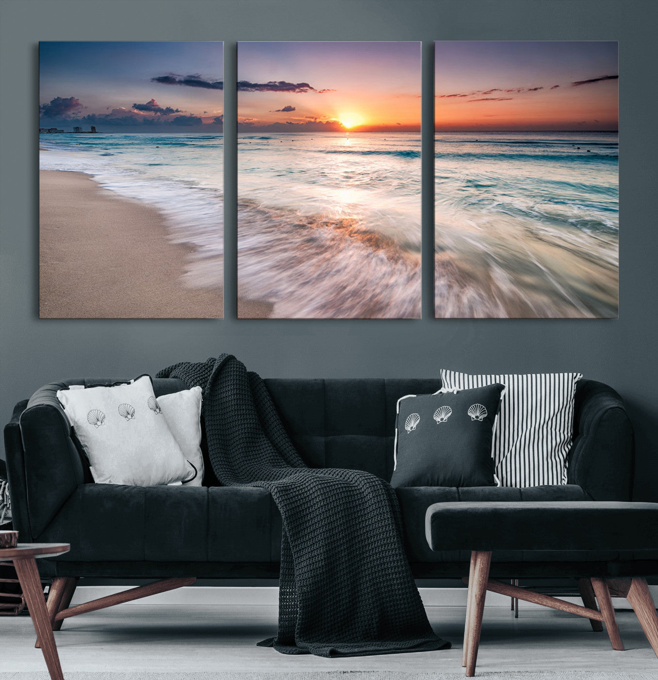 11379-MGV-CV-60X30-3P-Sunset Beach Wall Art – Soothing Coastal Landscape, Ready to Hang for Tranquil Home Decor