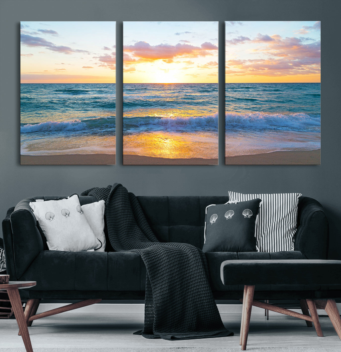 MGV-CV-60X30-3P - Golden Sunset Over Ocean Waves - Serene Coastal Triptych Wall Art for Relaxing Home Decor, Ready to