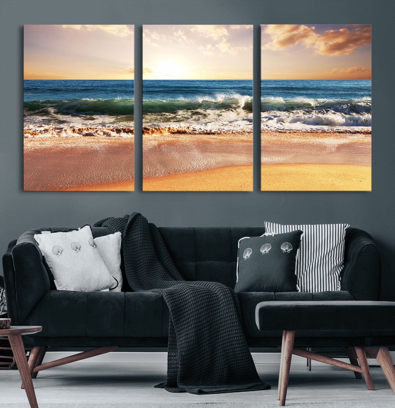 42011-MGV-CV-36X24-Sunset Beach Wall Art - 3-Panel Framed Canvas Print, Ready to Hang Ocean Sunset for Coastal and