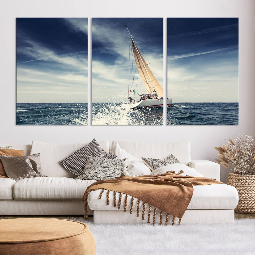 Sailboat Ocean Beach Blue Sky Wall Art Canvas Print