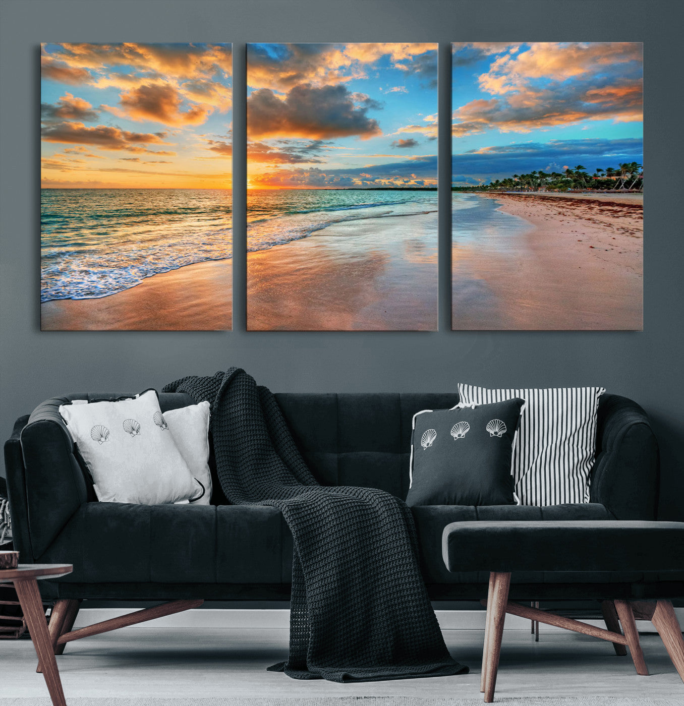 MGV-CV-60X30-3P - Serene Beach Sunset Wall Art | Coastal Ocean Canvas Print | Ready to Hang Tropical Decor for Home or