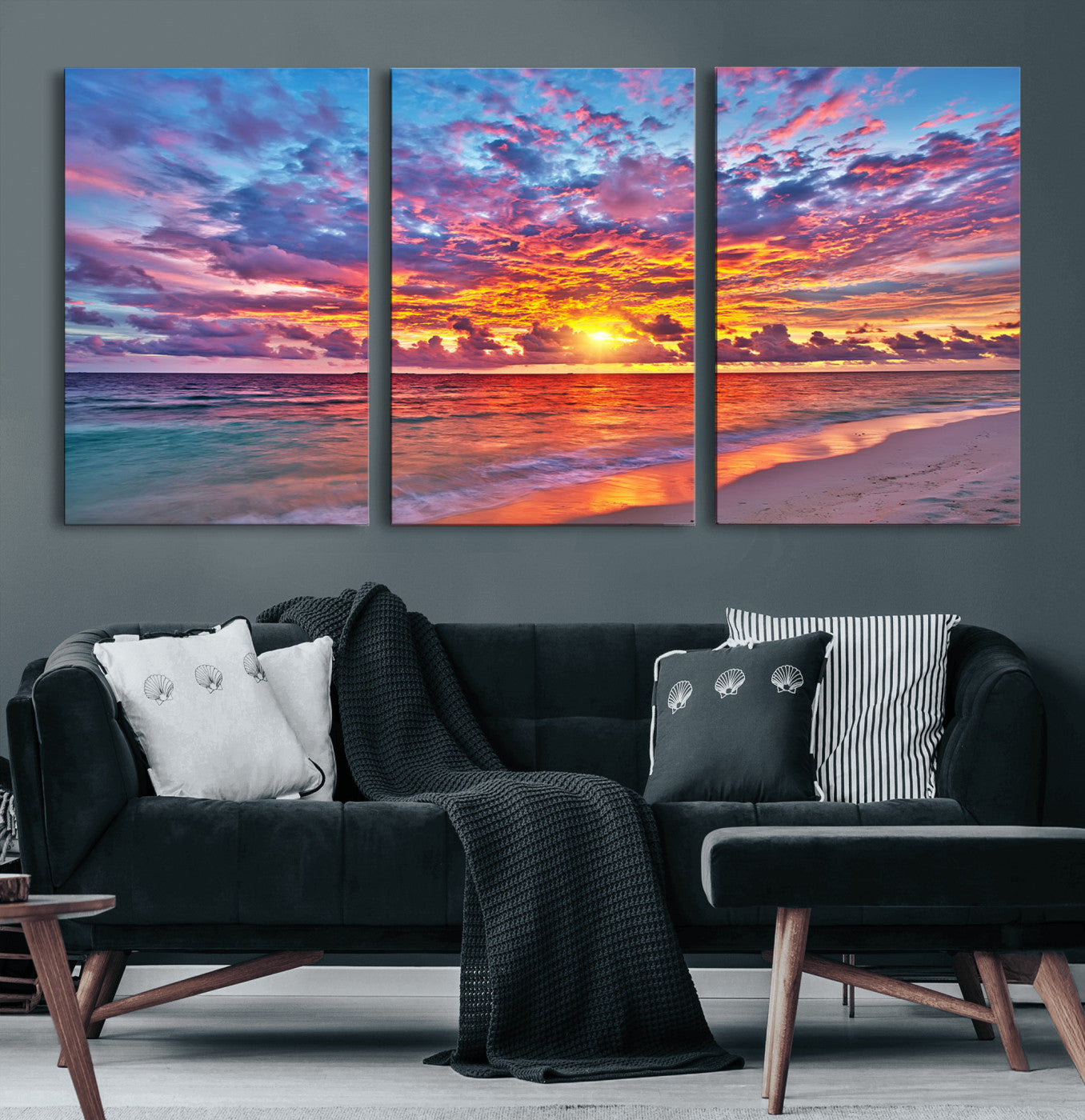 MGV-CV-60X30-3P - Vibrant Sunset Beach Wall Art - Ocean Sunset Canvas Print | Coastal Wall Art Decor Stunning Sunset