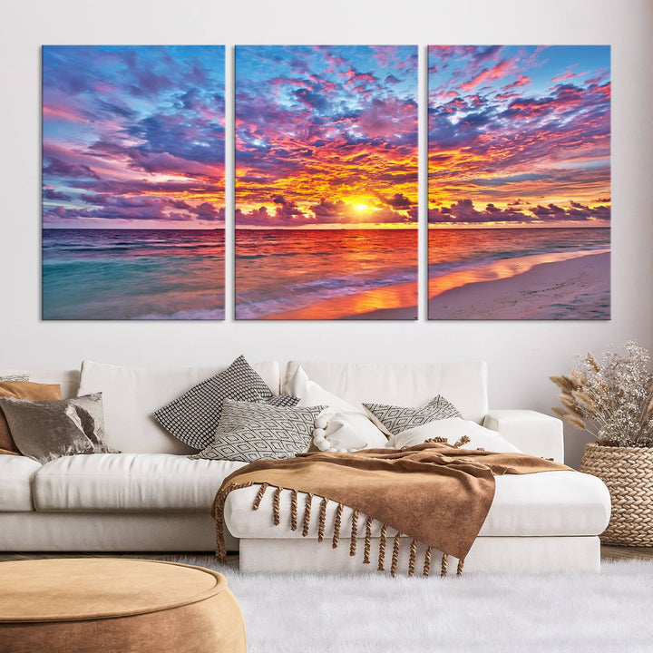 Vibrant Sunset Beach Wall Art | Ocean Sunset Canvas Print | Coastal Wall Art Decor | Ready to Hang | Stunning Sunset Scene for Home or Office Decor