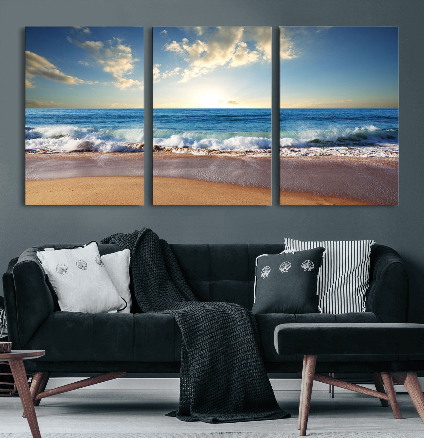 36512-MGV-CV-60X30-3P-Serene Ocean Sunset Canvas Wall Art - Beach Waves at Sunset, Ready to Hang