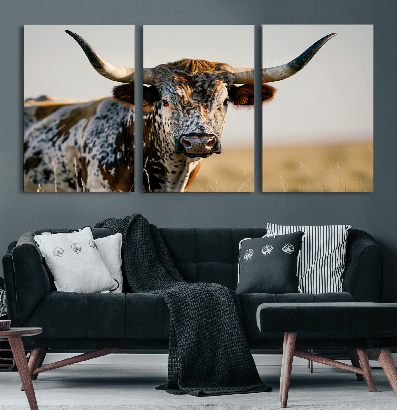 MGV-CV-60X30-3P - Texas Bull Longhorn Wall Art Canvas Print for Farm House Wall Decor, Farmhouse Wall Art Print
