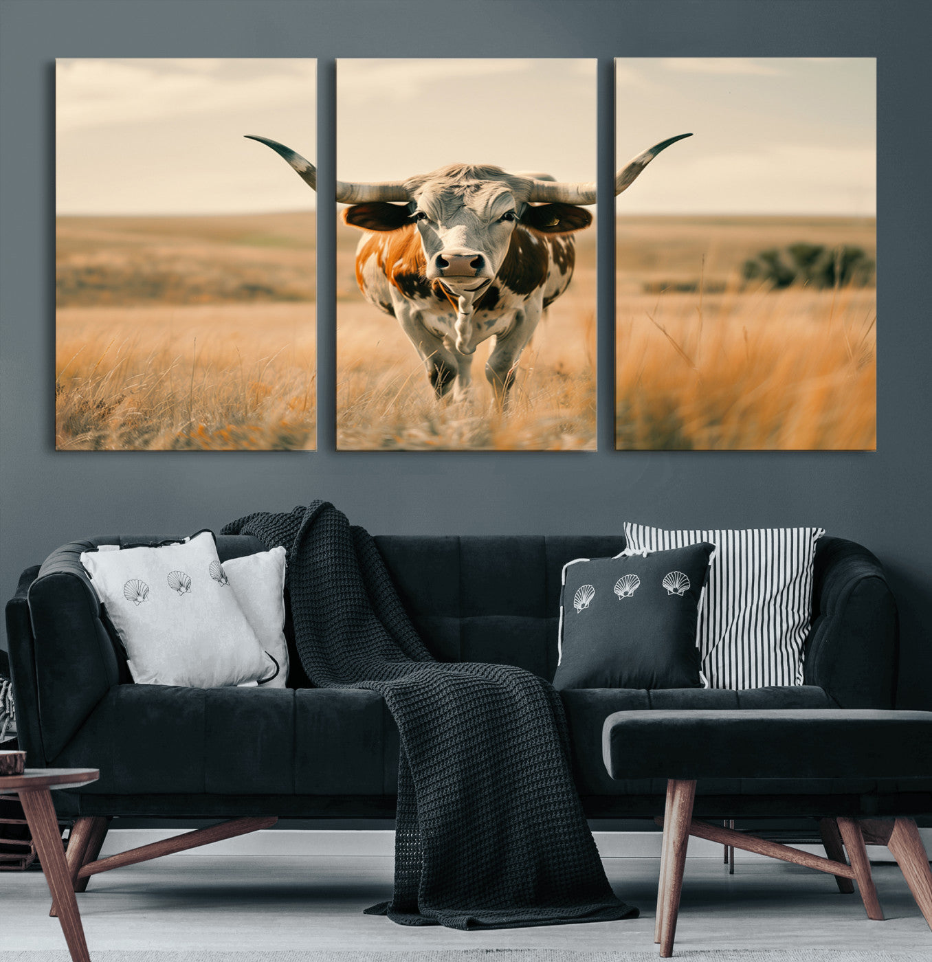 MGV-CV-60X30-3P - Texas Cow Wall Art Canvas Print for Farm House Wall Decor, Farmhouse Wall Art Print