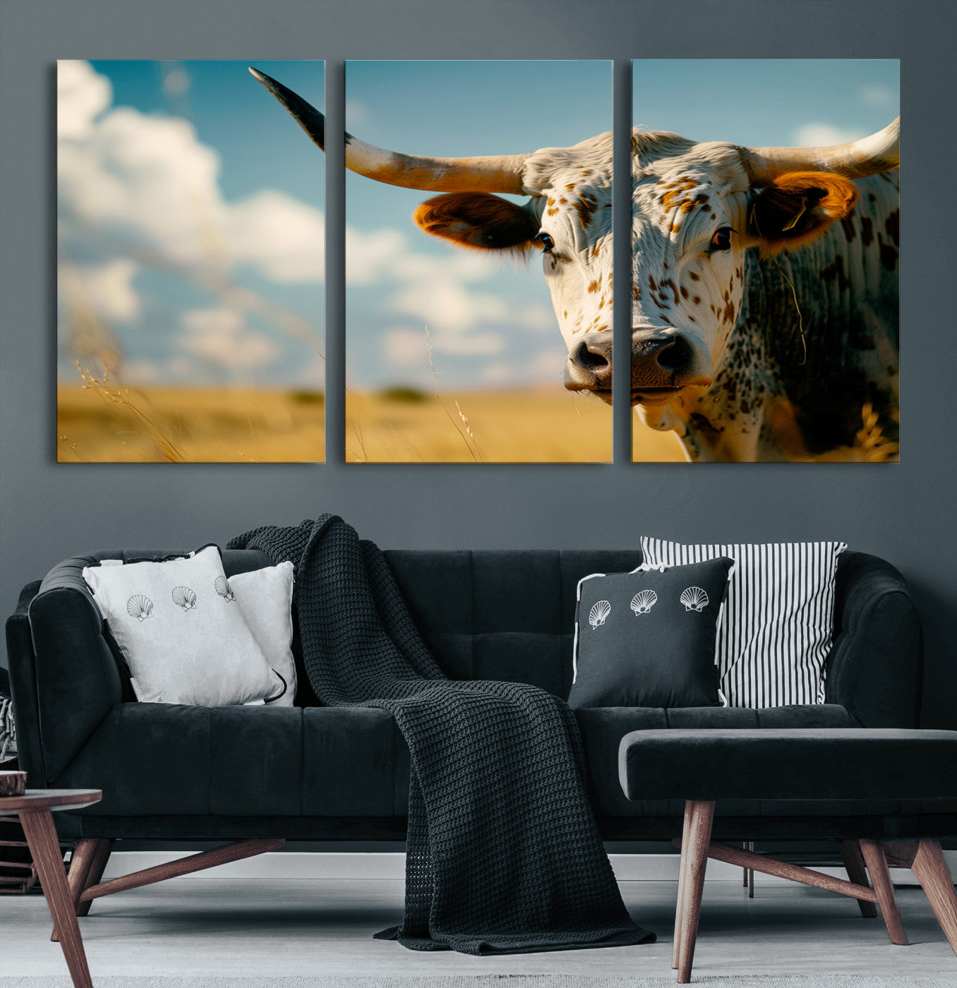 MGV-CV-60X30-3P - Longhorn in the Prairie - Stunning Ranch-Style Triptych Wall Art for Western Home Decor, Cowboy Wall