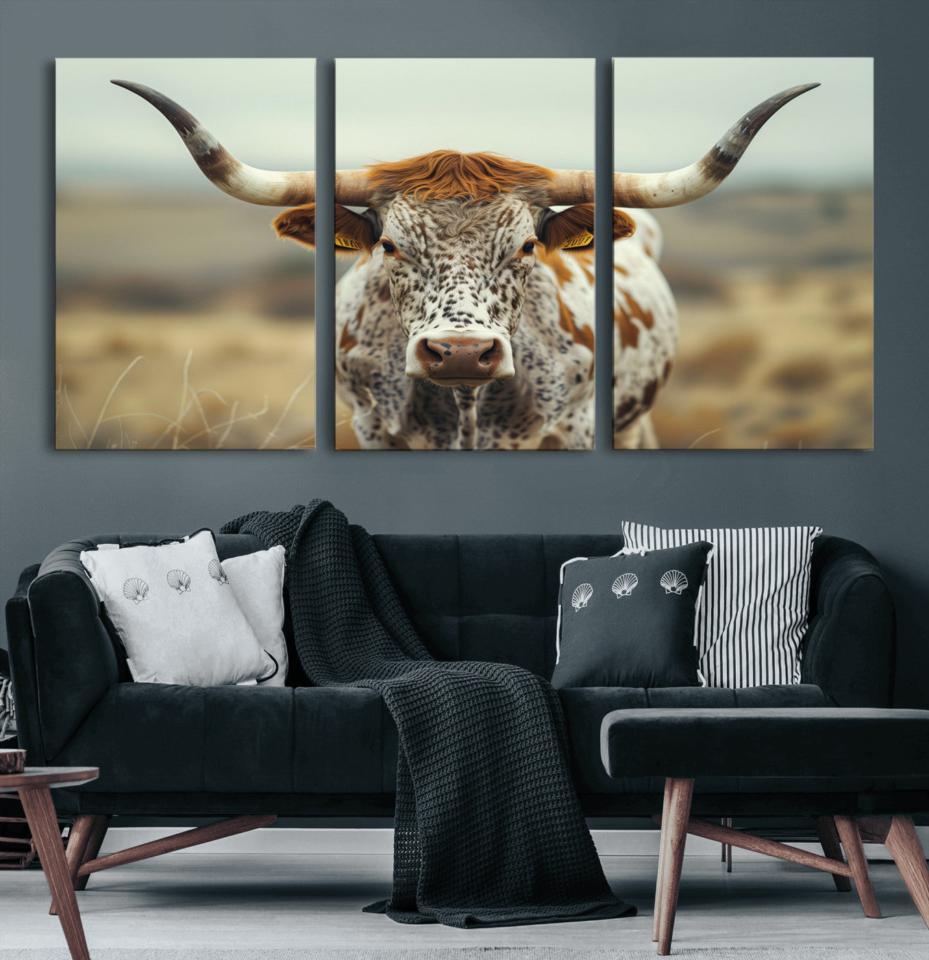 91312-MGV-CV-60X30-3P-Texas Cow Longhorn Wall Art Canvas Print for Farm House Wall Decor, Farmhouse Wall Art Print