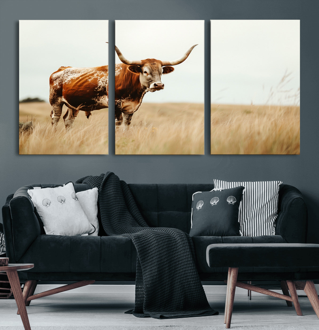 62910-MGV-CV-60X30-3P-Texas Longhorn Canvas Wall Art Print – Majestic Western Cattle in Rustic Farmhouse Decor – Cow Wall