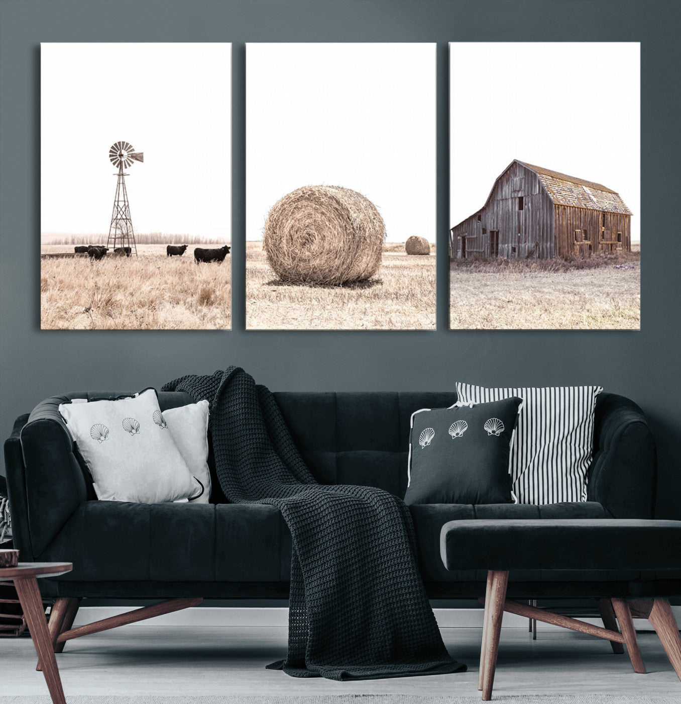 MGV-CV-60X30-3P - Rustic Farmhouse Wall Art Set of 3 – Country Barn and Wheat Field | Farm Prints for Country Home and