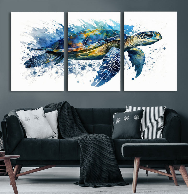 The Turtle Wall Art Print, featuring blue splashes, beautifully showcases Ocean Life.