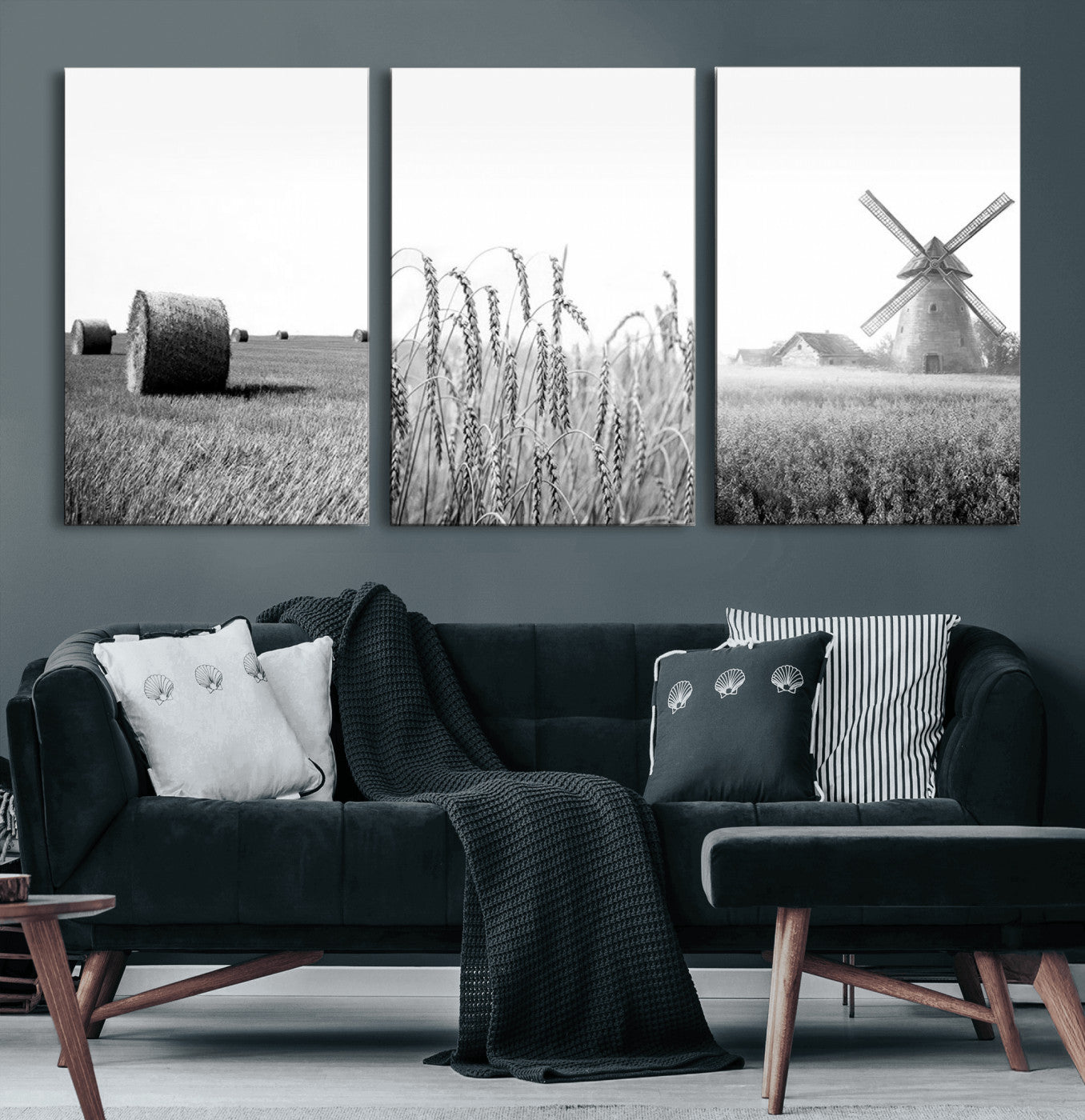 MGV-CV-60X30-3P - Vintage Farmhouse Black and White Triptych Wall Art – Giclee Canvas Featuring Wheat Fields, Hay