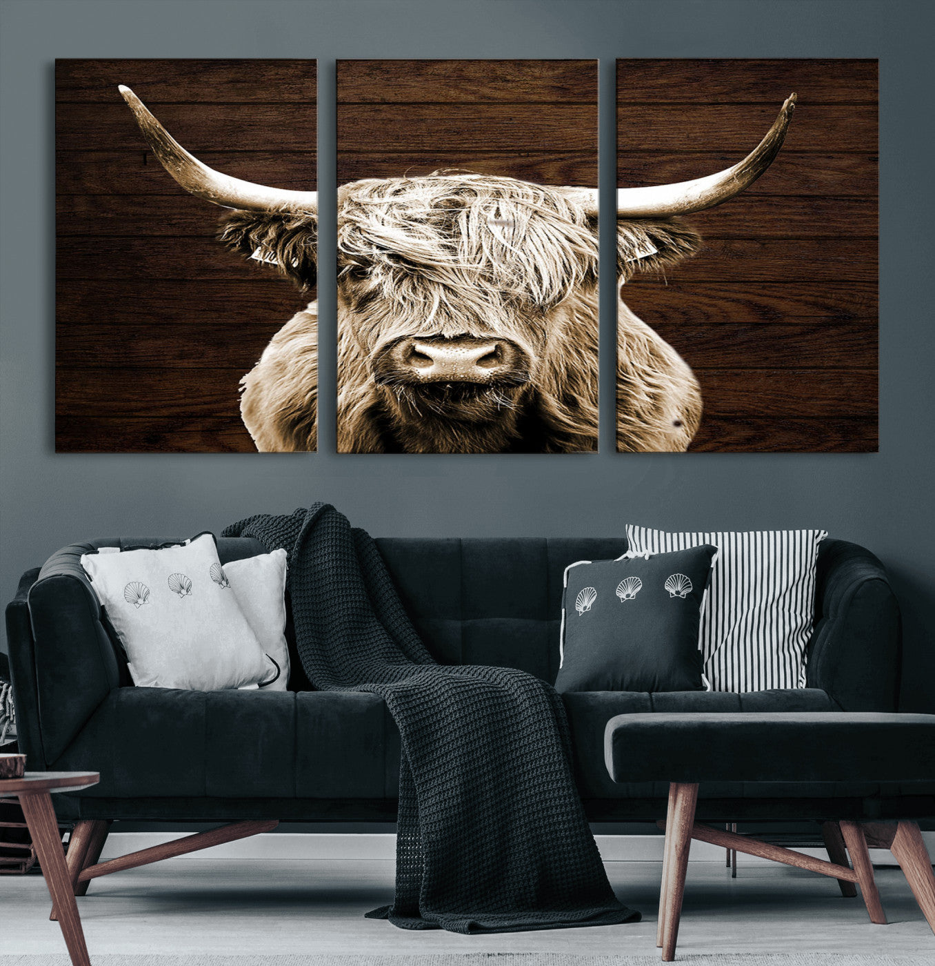 27892-MGV-CV-60X30-3P-Highland Cow Wall Art Canvas Print, Rustic Farmhouse Decor, Majestic Scottish Highland Bull Portrait