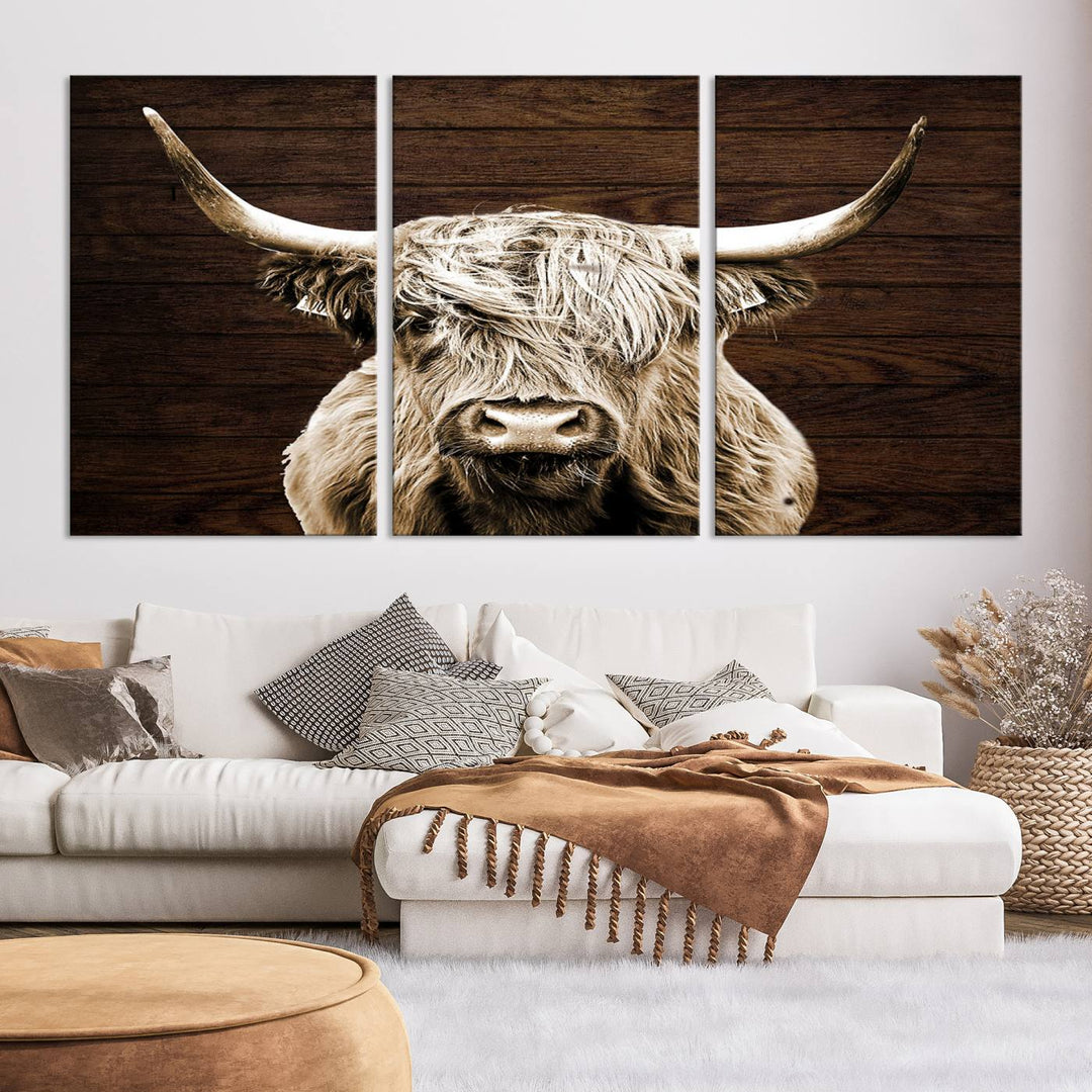 Highland Cow Wall Art Canvas Print, Rustic Farmhouse Decor, Majestic Scottish Highland Bull Portrait for Living Room – Ready to Hang