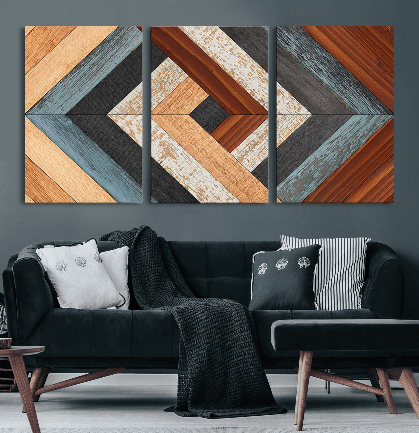 20897-MGV-CV-60X30-3P-Geometric Wood Art Wall Decor Canvas Print, Rustic Wooden Pattern Triptych Wall Art for Living Room