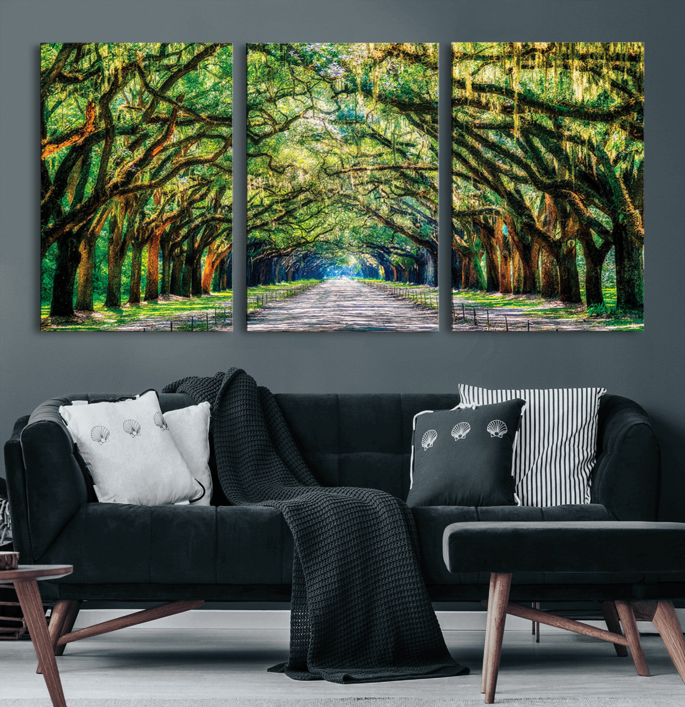 77105-MGV-CV-60X30-3P-Serene Tree Tunnel Wall Art Canvas Print – Pathway Under Canopy of Lush Green Trees, Nature-Inspired