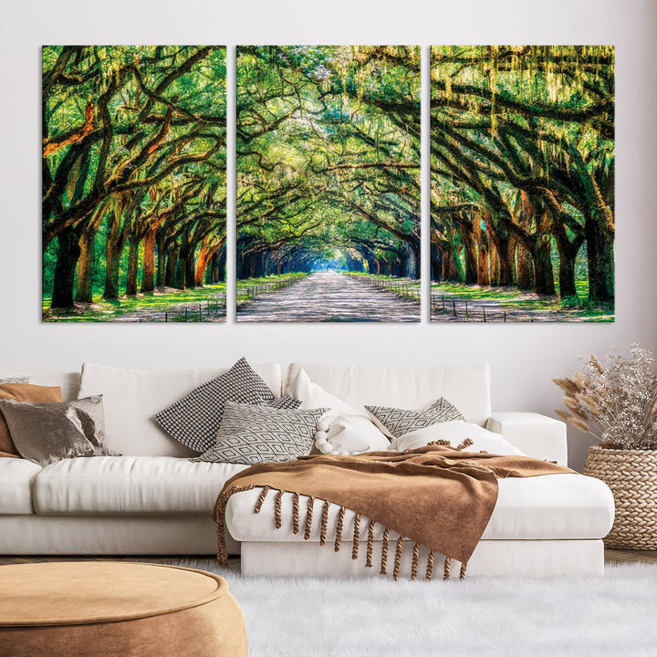 Serene Tree Tunnel Wall Art Canvas Print – Pathway Under Canopy of Lush Green Trees, Nature-Inspired Decor for Living Room – Ready to Hang