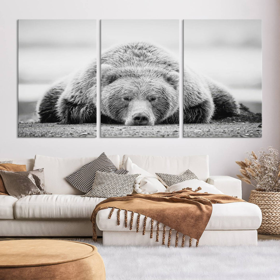 Resting Bear Wall Art Canvas Print – Majestic Lazy Black and White Wildlife Bear Art, Perfect for Nature-Inspired Home Decor – Ready to Hang