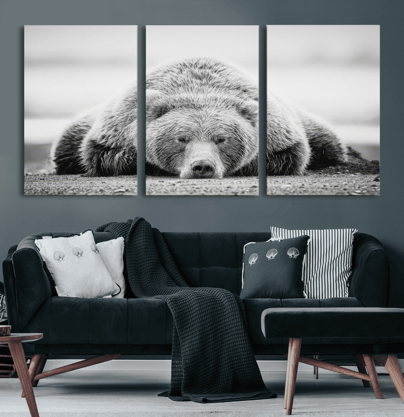 MGV-CV-60X30-3P - Resting Grizzly Bear Wall Art Canvas Print – Majestic Lazy Black and White Wildlife Bear Art,