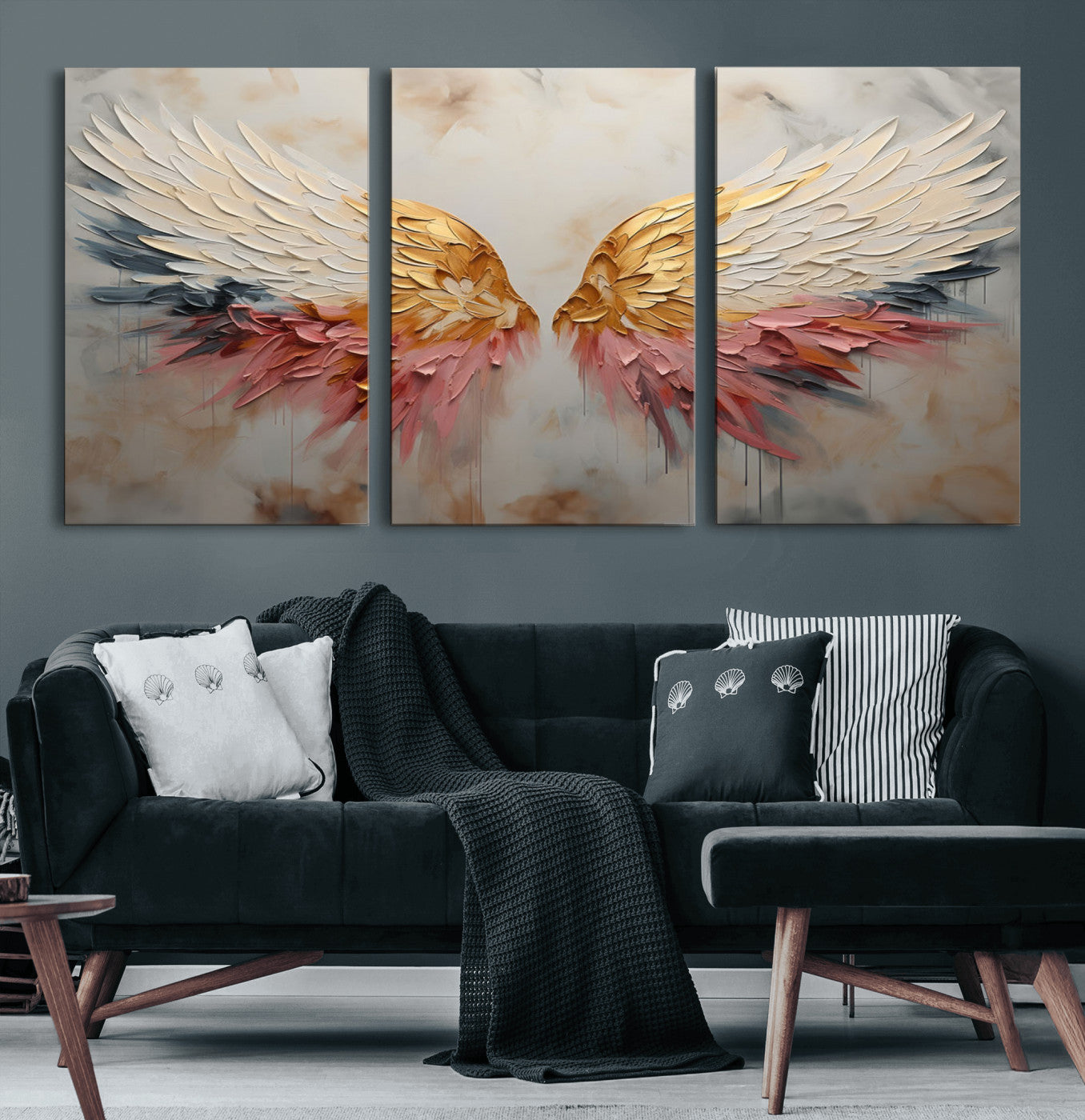 10697-MGV-CV-60X30-3P-Golden Angel Wings Wall Art Canvas Print – Stunning Abstract Winged Art for Elegant Home Decor –