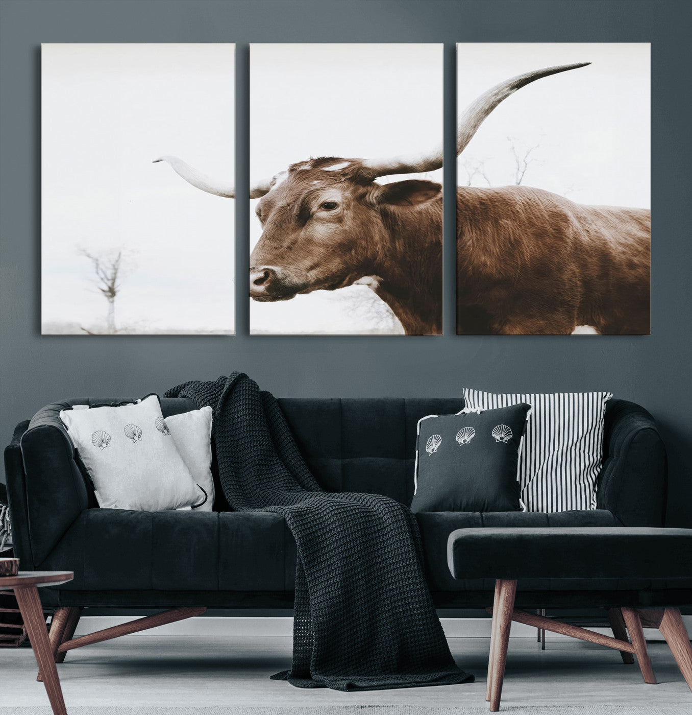 MGV-CV-60X30-3P - Rustic Bull Wall Art Canvas Print – Modern Longhorn Farmhouse Animal Decor – Abstract Farm Cow