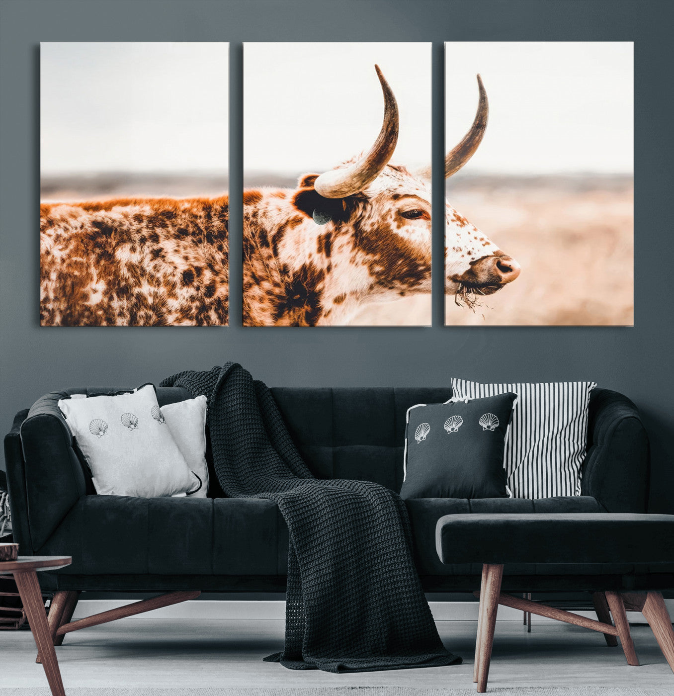 50356-MGV-CV-60X30-3P-Speckled Bull Wall Art Canvas Print – Rustic Cow Longhorn Farmhouse Animal Decor – Western Longhorn
