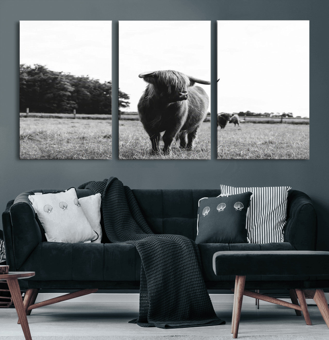 MGV-CV-60X30-3P - Black and White Highland Cow Wall Art Canvas Print | Rustic Western Decor for Living Room or Office,