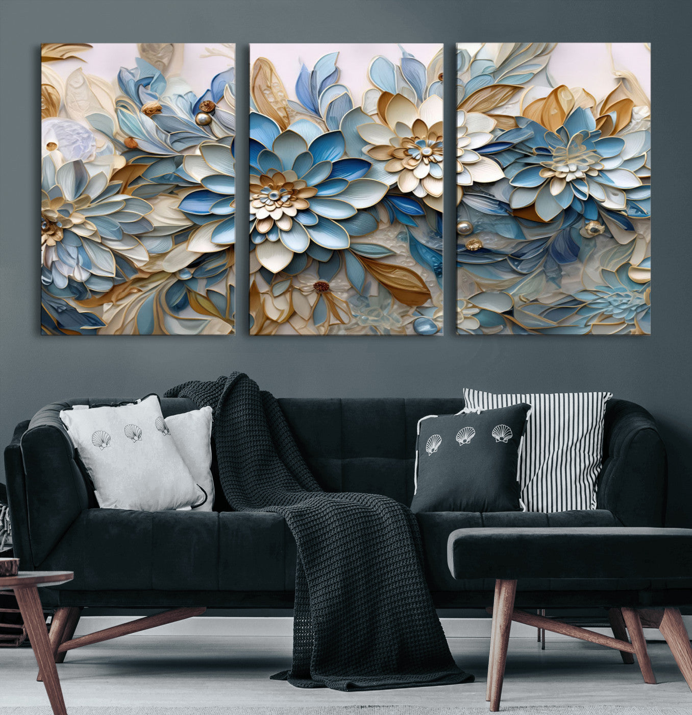 10625-MGV-CV-60X30-3P-Blu Abstract Flower Wall Art Canvas Print