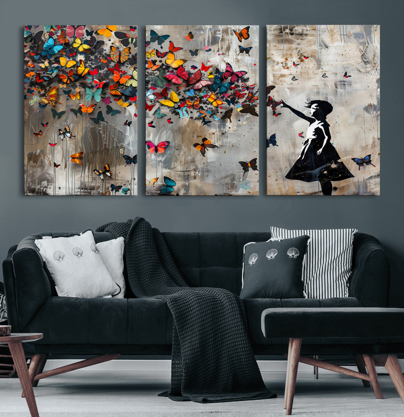 40269-MGV-CV-60X30-3P-Banksy Wall Art - Banksy Girl and Butterfly Explosion Wall Art Canvas Print | Girl with Butterflies