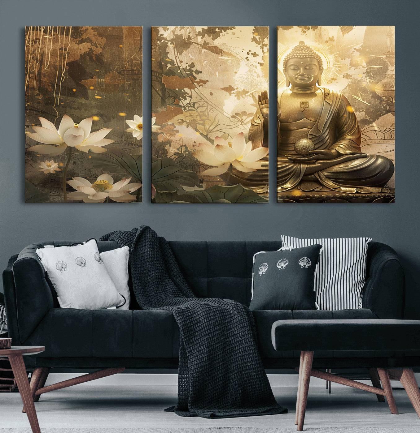 58897-MGV-CV-60X30-3P-Zen Buddha Wall Art Canvas Print | Peaceful Meditation Decor with Lotus Flowers | Spiritual Serenity