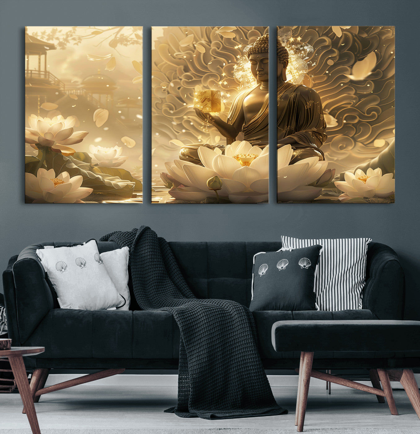 MGV-CV-60X30-3P - Golden Buddha Wall Art | Yoga Room Decor and Meditation Room Wall Art | Framed and Ready to Hang