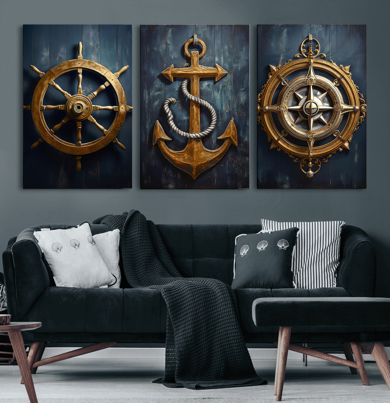 MGV-CV-60X30-3P - Boat Anchor Compass With Rope Wall Art Canvas Print | Beach House Wall Art