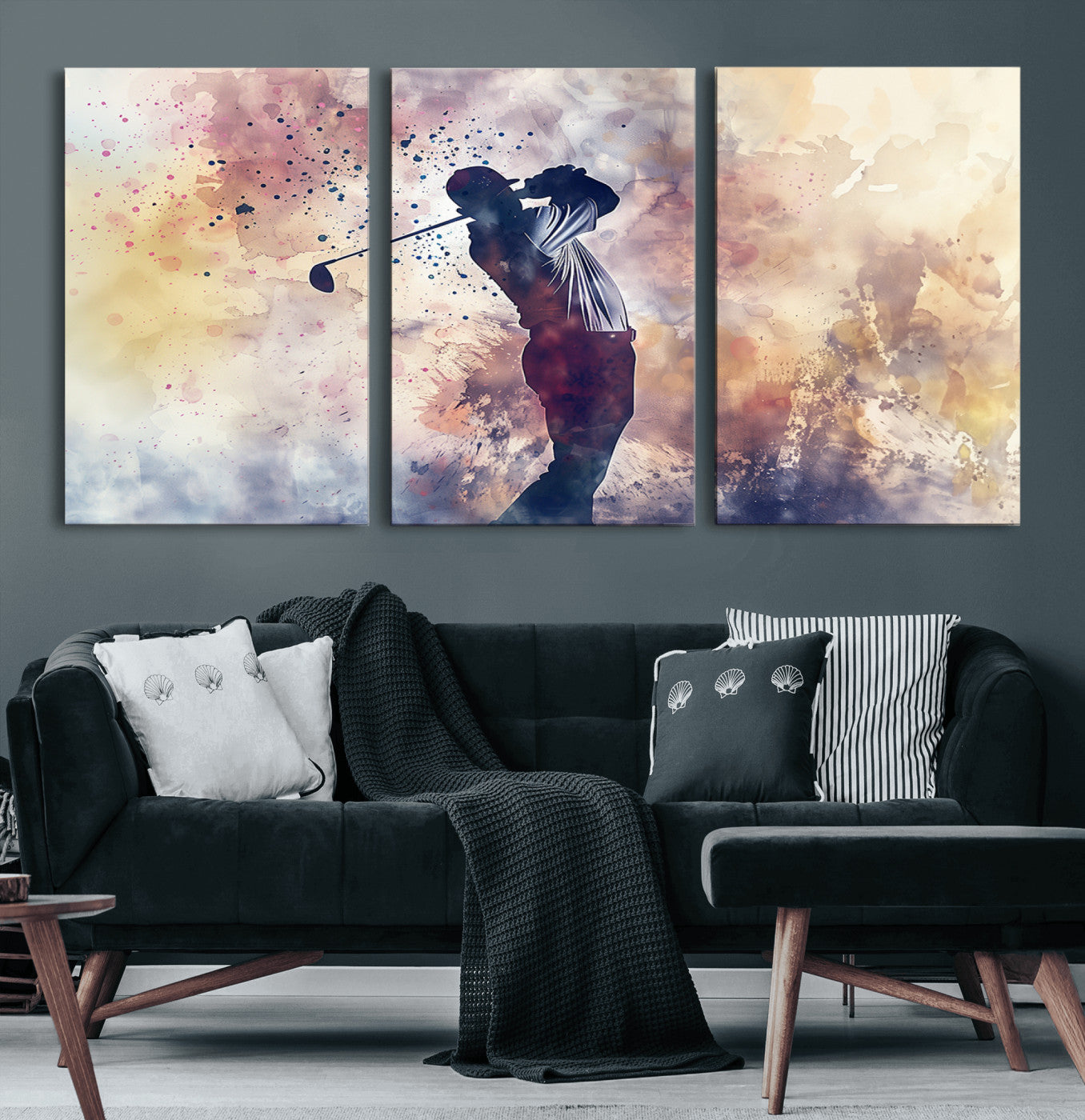 10848-MGV-CV-60X30-3P-Abstract Watercolor Golf Player Wall Art Canvas Print