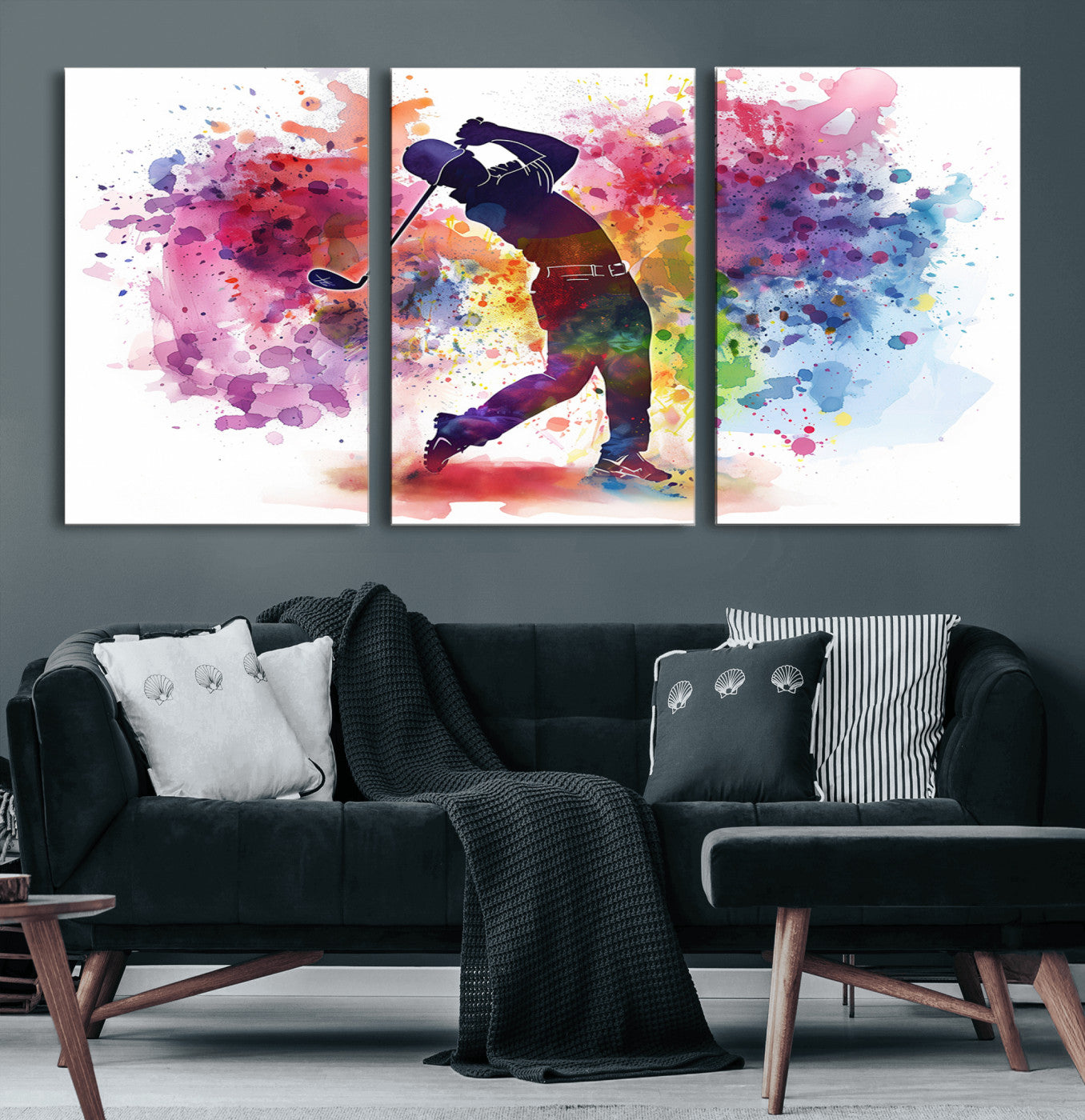 66537-MGV-CV-60X30-3P-Colorful Golfer Swing Wall Art Canvas Print - Ready to Hang, Framed Sports Decor