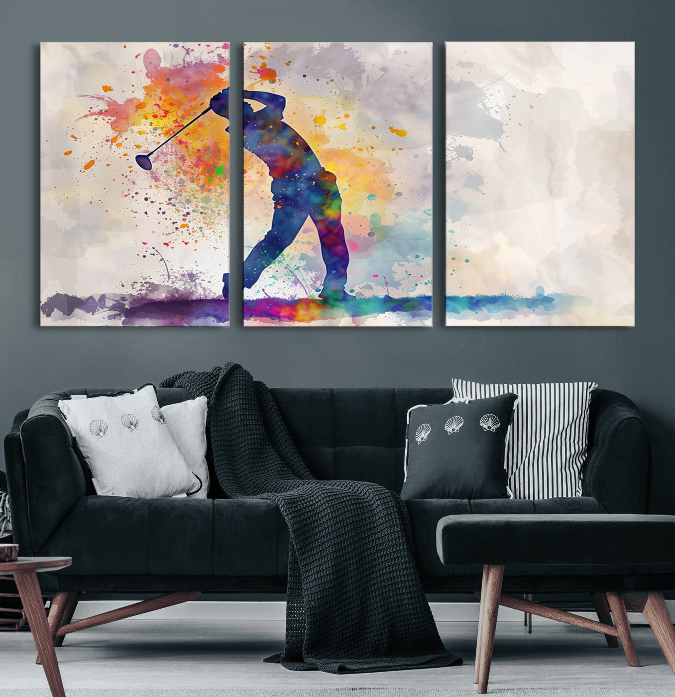 MGV-CV-60X30-3P - Watercolor Golf Swing Wall Art Canvas Print | Vibrant Abstract Golf Player Silhouette |
