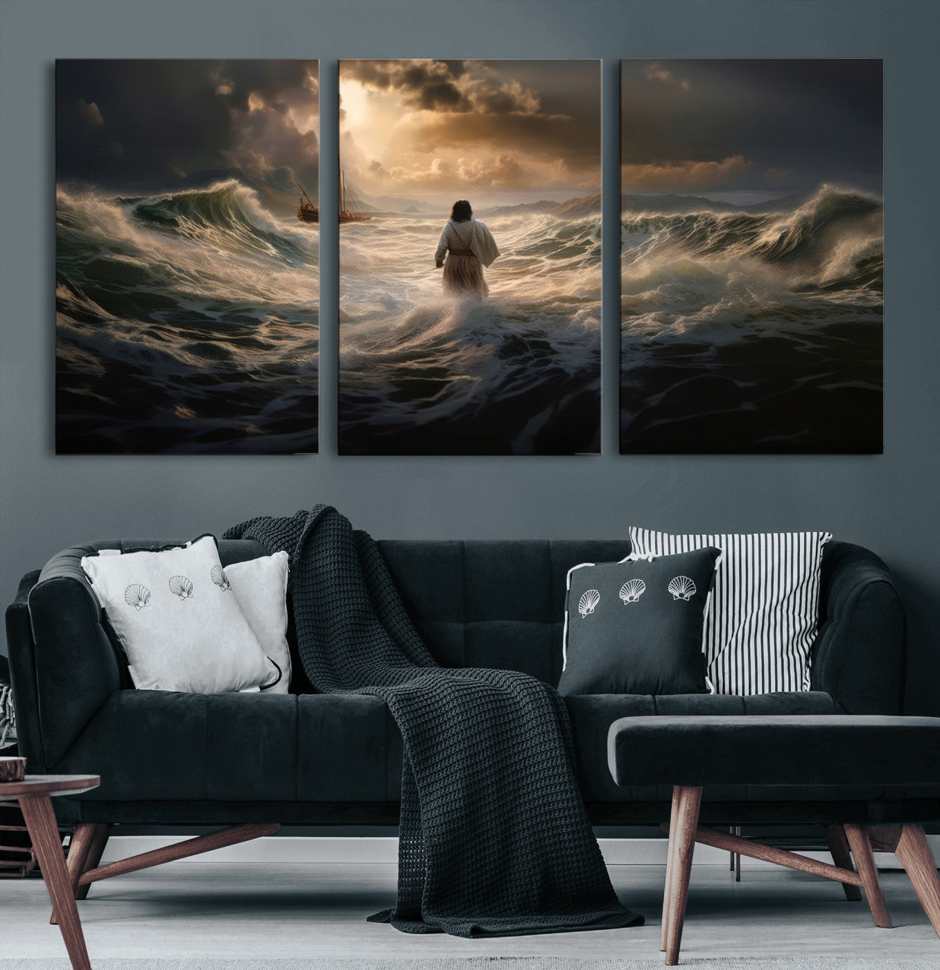 MGV-CV-60X30-3P - Jesus Walking on Water Wall Art Canvas Print - Religious Spiritual Decor - Jesus Wall Art Canvas