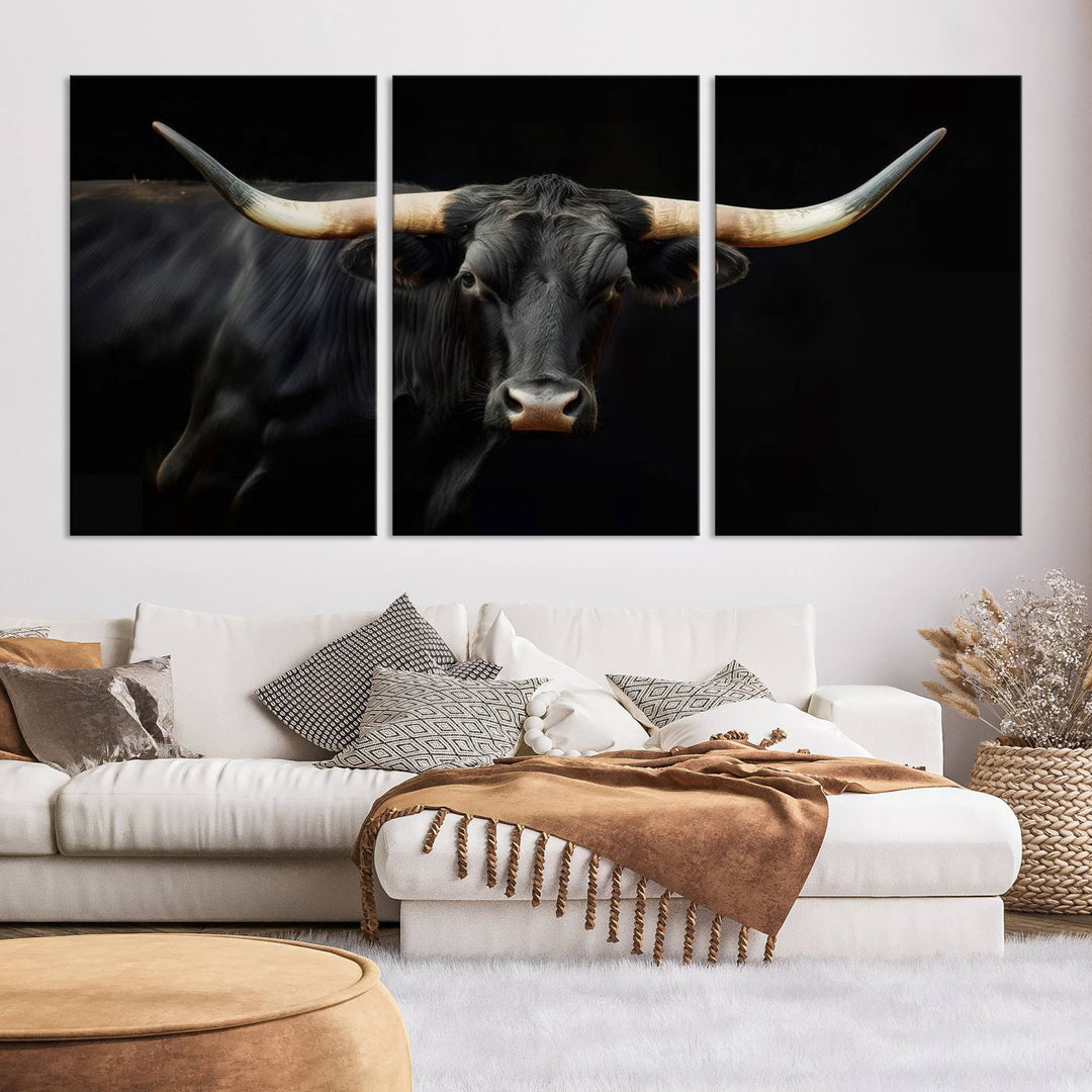 Texas Longhorn Cow | Majestic Black Bull Wall Art Canvas Print - Farmhouse Animal Decor - Ready to Hang